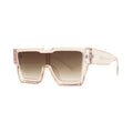 SUN38V6_main "A pair of stylish sunglasses with a bold, oversized frame. The lenses are tinted in a gradient from dark to light brown, providing a chic look. The frame is transparent with a subtle peach hue, giving it a modern and fashionable appearance. 