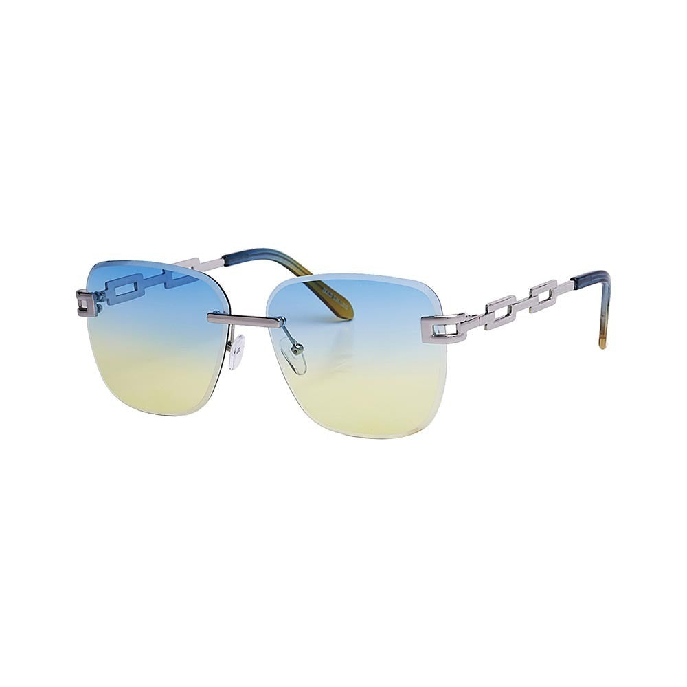 SUN39V2_main "A pair of stylish sunglasses with a unique design. The lenses are gradient, transitioning from blue at the top to yellow at the bottom. The frame is rimless, giving the sunglasses a sleek and modern look. The temples are distinctive, featuri
