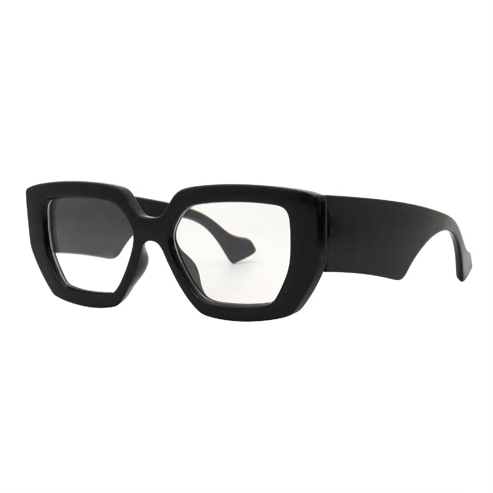 SUN41V5_main "A pair of stylish eyeglasses with a bold, geometric design. The frames are predominantly black and have a unique, angular shape that gives them a modern and edgy look. The lenses are clear, suggesting they may be non-prescription or for fash