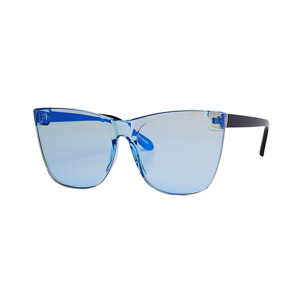 SUN42V2_main "A pair of stylish sunglasses. The sunglasses feature large, square-shaped lenses with a light blue tint. The frame is transparent with a subtle blue hue, giving it a modern and sleek appearance. The temples (arms) of the sunglasses are black