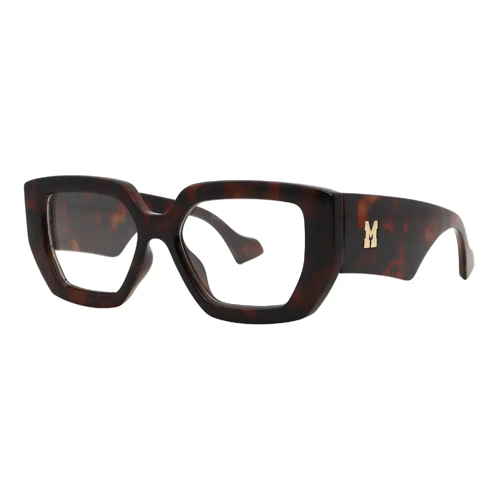 SUN43V5_main "A pair of stylish eyeglasses with a bold, geometric design. The frame is predominantly in a tortoiseshell pattern, showcasing rich brown and amber tones. The lenses are clear, and the overall shape is angular, giving the glasses a modern and