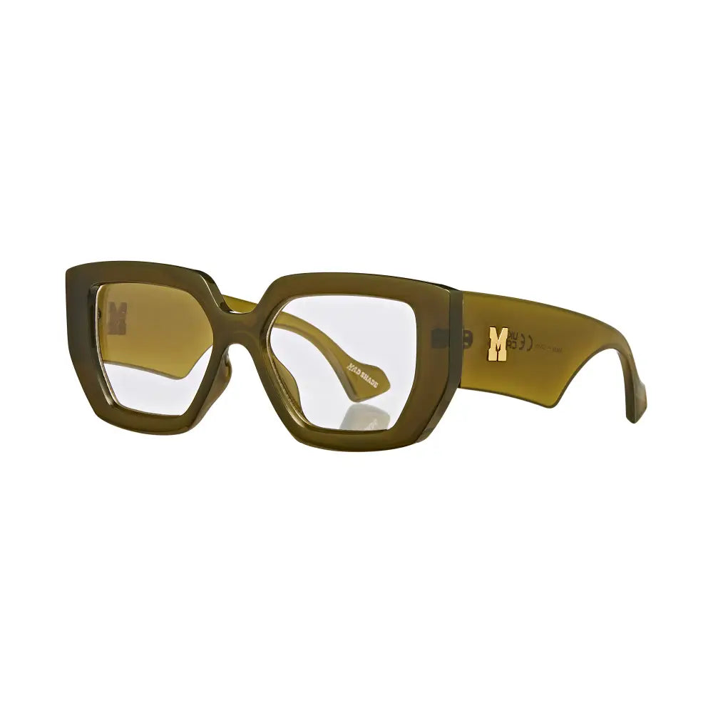 SUN44V5_main "A pair of oversized, angular eyeglasses with a unique geometric design. The frames are a muted olive green color, giving them a modern and stylish appearance. The lenses are clear, suggesting they may be non-prescription or for fashion purpo