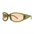 SUN46V5_main "A pair of stylish sunglasses with a unique design. The frames are a translucent olive green color, and the lenses are a soft pink hue. The shape of the sunglasses is slightly oversized and angular, giving them a modern and fashionable look. 