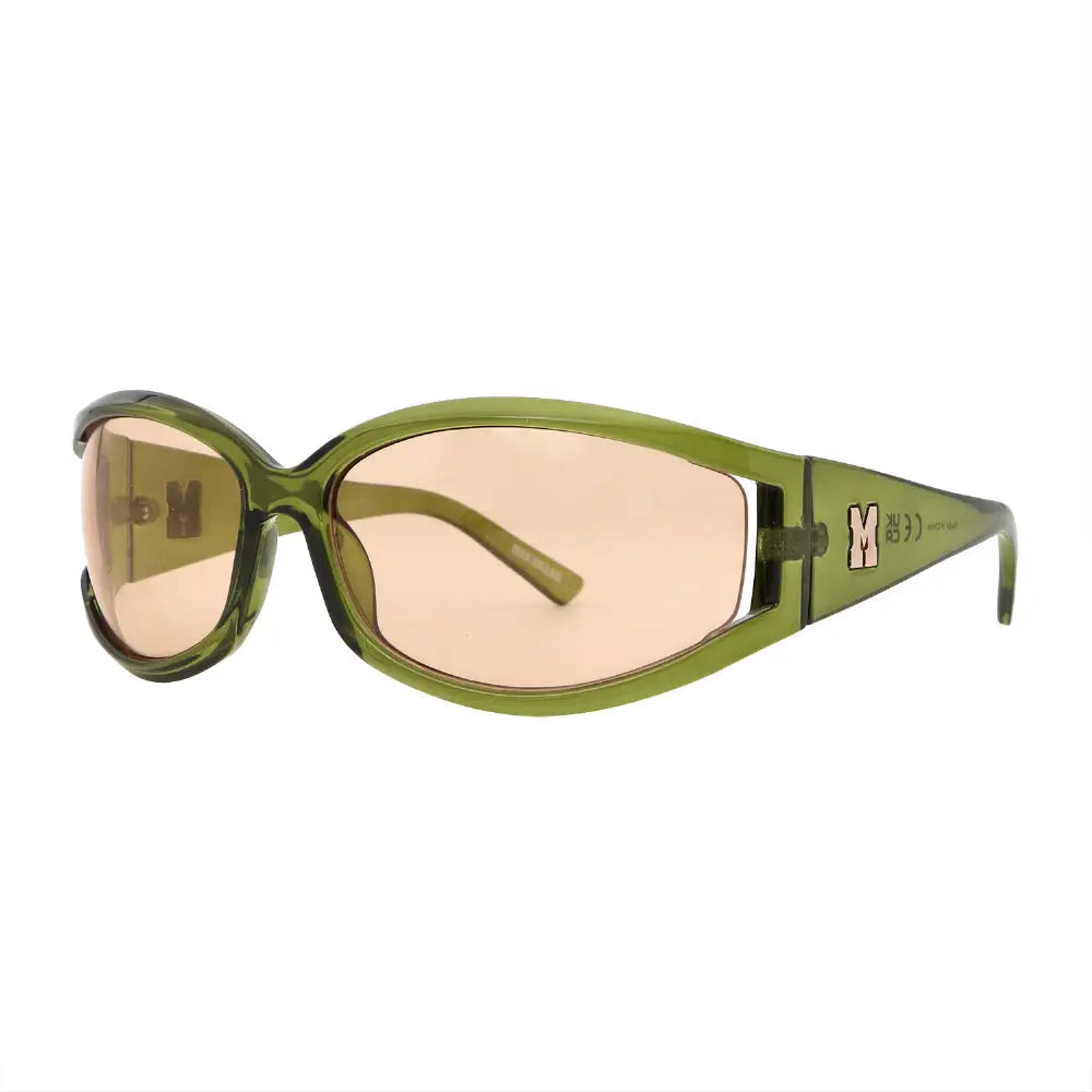 SUN46V5_main "A pair of stylish sunglasses with a unique design. The frames are a translucent olive green color, and the lenses are a soft pink hue. The shape of the sunglasses is slightly oversized and angular, giving them a modern and fashionable look. 