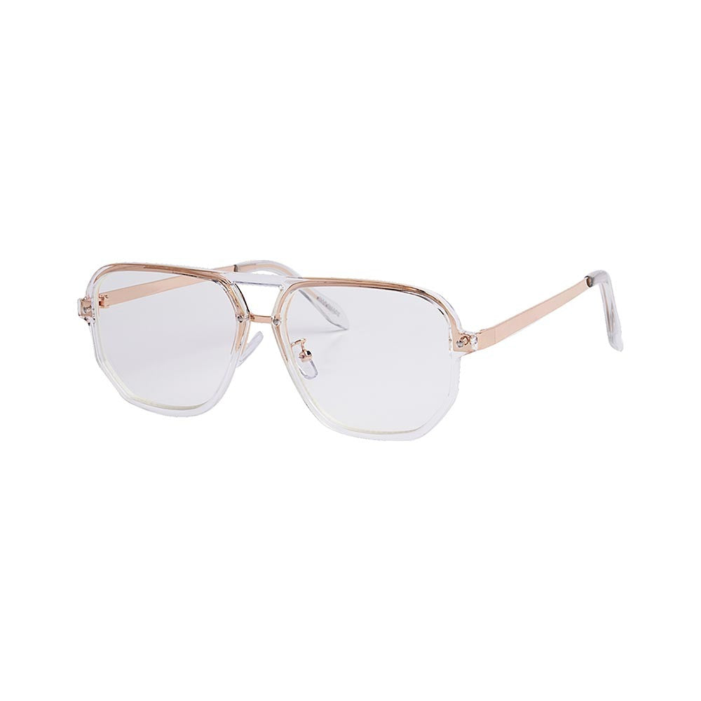 SUN47V2_main "A pair of eyeglasses with a clear, transparent frame. The glasses have a geometric shape, with slightly rounded edges. The temples (arms) of the glasses are metallic, likely gold or a similar color, and they extend from the clear frame. The 