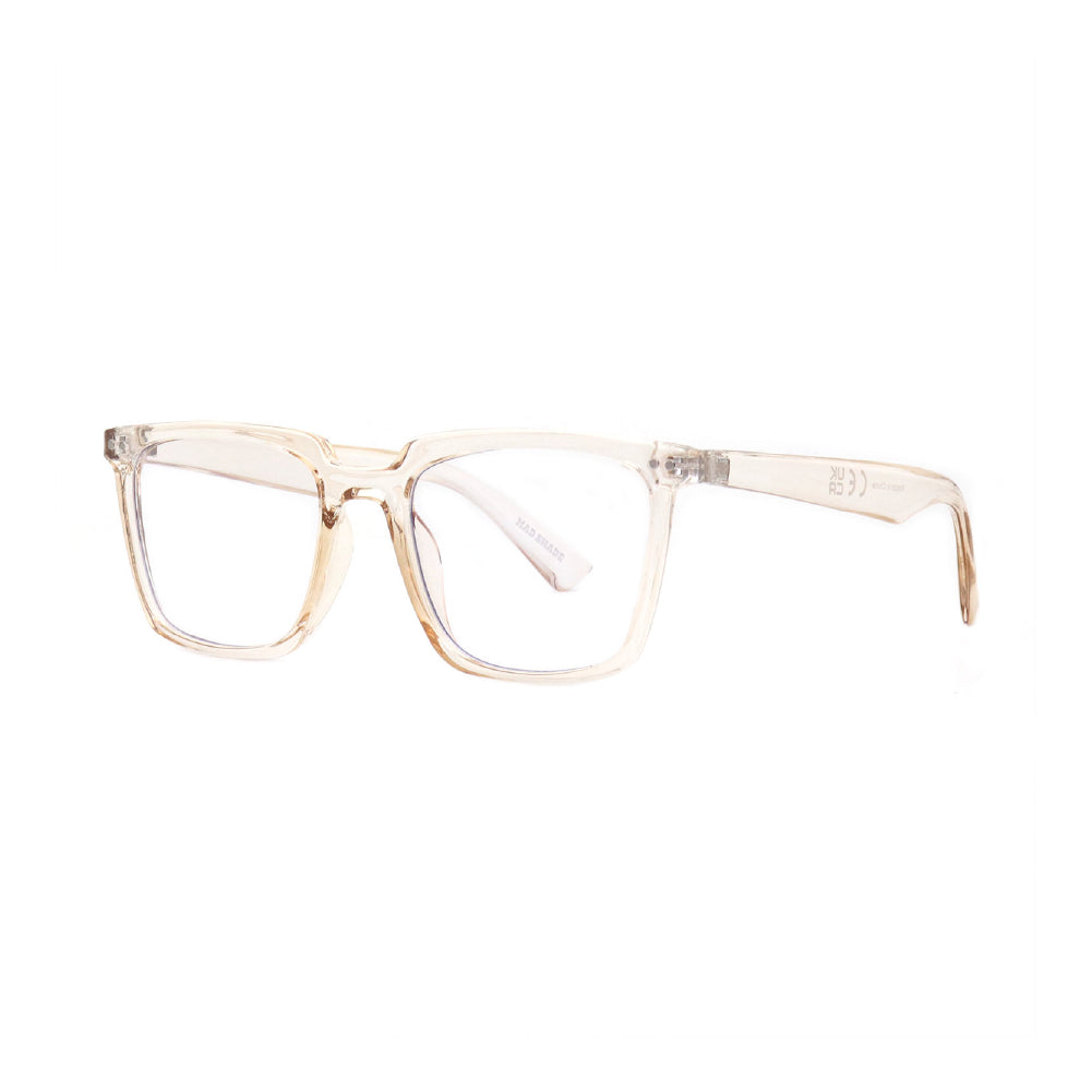 SUN48V6_main "A pair of stylish eyeglasses with a clear frame. The design is modern and rectangular, showcasing a minimalist aesthetic. The lenses appear to be transparent, suggesting they may be non-prescription or for fashion purposes. The arms of the g