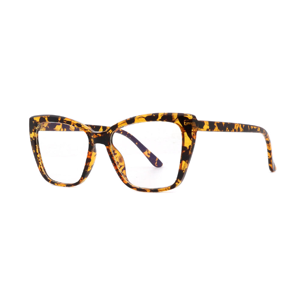 SUN49V6_main "A pair of stylish cat-eye glasses. The frame is designed in a tortoiseshell pattern, showcasing a mix of warm browns and amber tones. The lenses are clear, giving the glasses a chic and modern look. The overall shape is bold and fashionable,