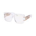 SUN51V1_main "A pair of stylish sunglasses with a modern design. The frame is transparent, giving it a sleek and contemporary look. The lenses are lightly tinted, providing a subtle contrast to the clear frame. The temples of the sunglasses are adorned wi