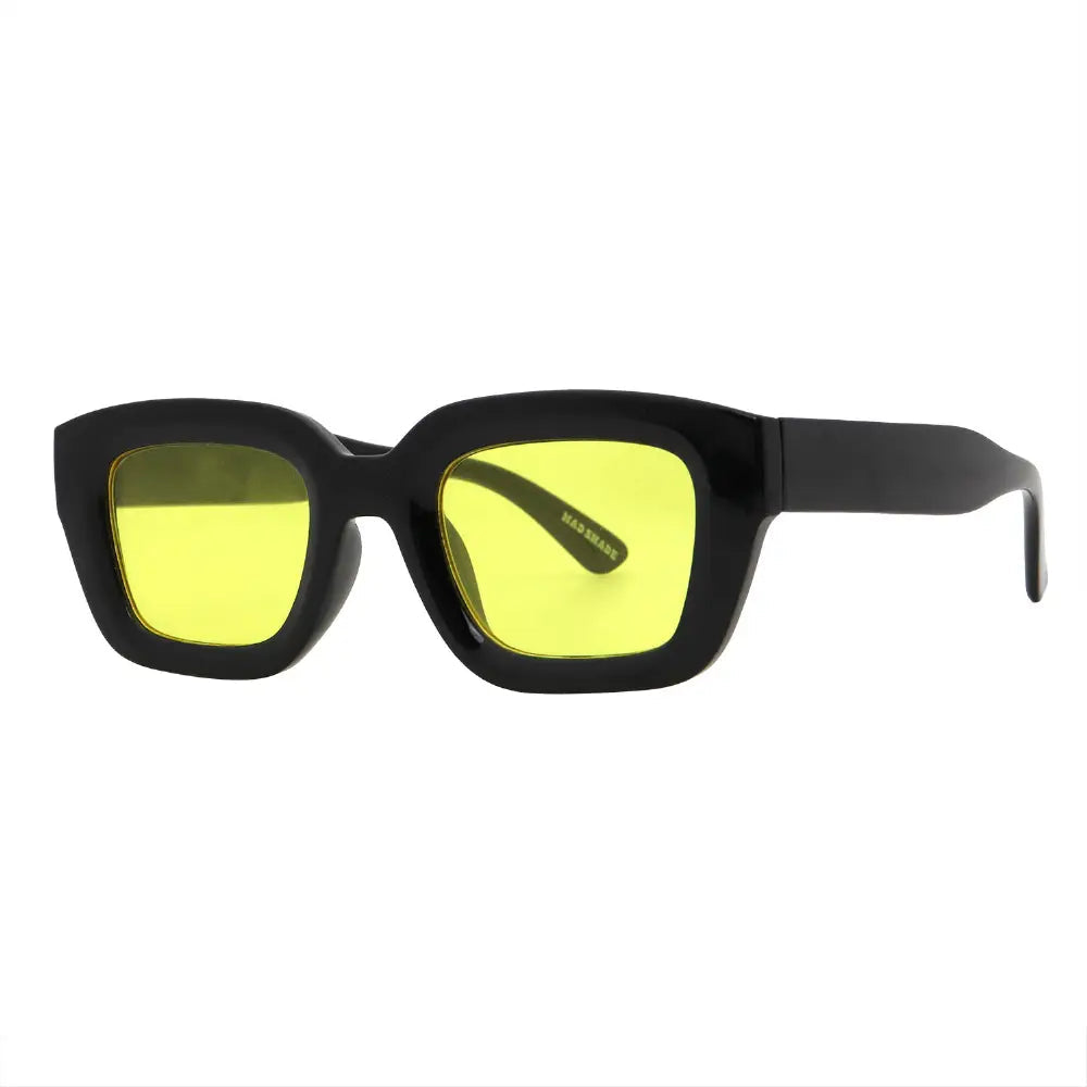 SUN52V5_main "A pair of stylish sunglasses with a bold, modern design. The frames are black and have a chunky, rectangular shape, giving them a contemporary look. The lenses are a vibrant yellow, adding a pop of color and a unique flair to the overall aes
