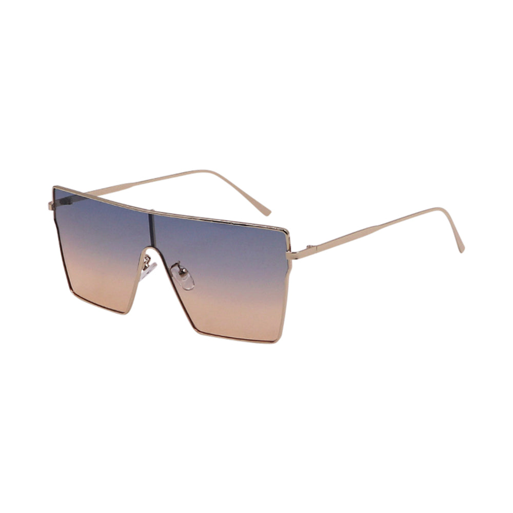 SUN53V3_main "A pair of stylish sunglasses with a modern, oversized design. The lenses are gradient, transitioning from a light blue at the top to a light brown at the bottom. The frame is thin and metallic, with a sleek, minimalist appearance. The nose p