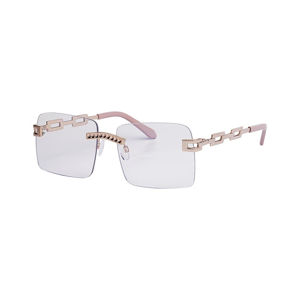 SUN54V2_main "A pair of rimless eyeglasses with a distinctive design. The lenses are rectangular in shape and are held together by a thin, gold-colored bridge. The temples (arms) of the glasses are also gold-colored and feature a unique chain-link design 