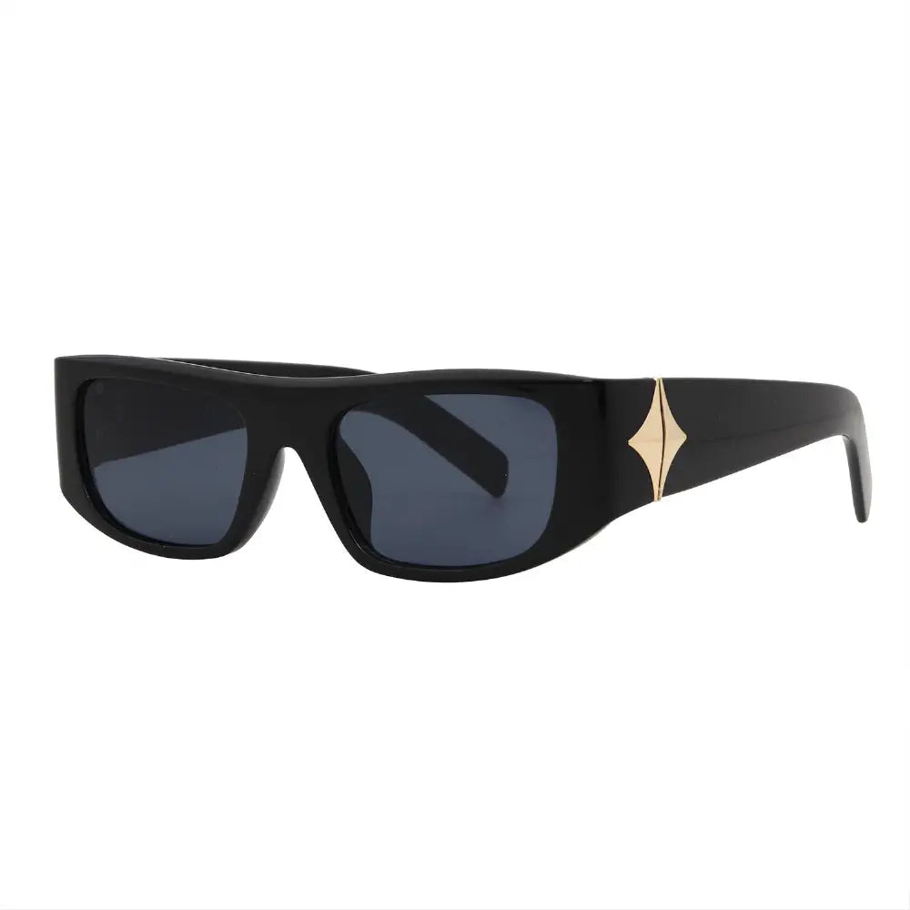 SUN54V5_main "A pair of stylish sunglasses with a sleek, modern design. The frames are predominantly black, with a slightly curved shape that gives them a sporty appearance. The lenses are dark, providing a high level of tint, which suggests they are desi