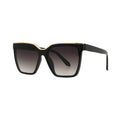 SUN57V5_main "A pair of stylish sunglasses with a bold, oversized square frame. The frame is primarily black, complemented by a sleek, light-colored accent along the top. The lenses are tinted with a gradient effect, transitioning from dark purple at the 