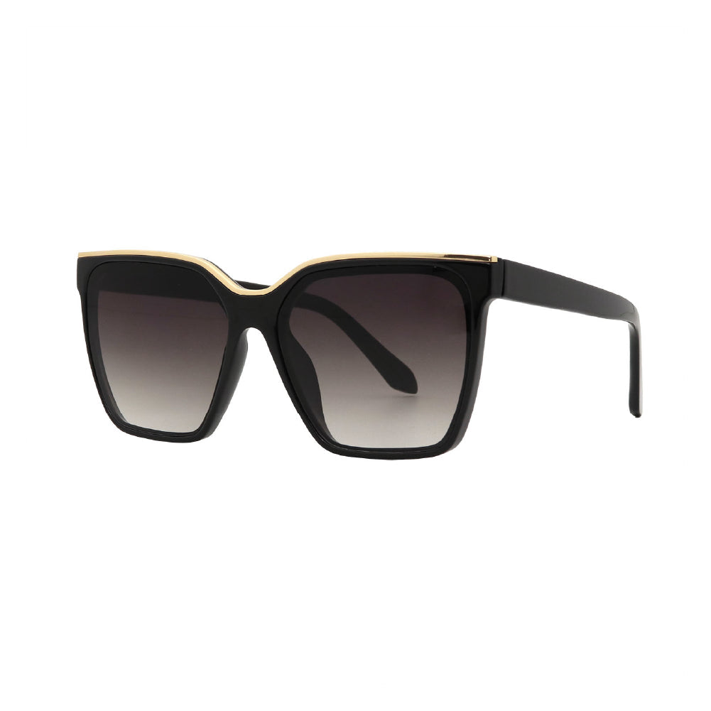 SUN57V5_main "A pair of stylish sunglasses with a bold, oversized square frame. The frame is primarily black, complemented by a sleek, light-colored accent along the top. The lenses are tinted with a gradient effect, transitioning from dark purple at the 