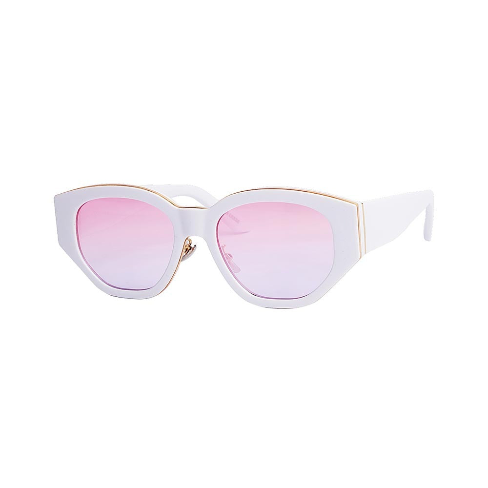 SUN58V2_main "A pair of stylish sunglasses with a white frame. The lenses are tinted with a gradient that transitions from pink at the top to a light purple at the bottom. The frame has a slightly oversized, geometric shape with rounded edges, giving it a