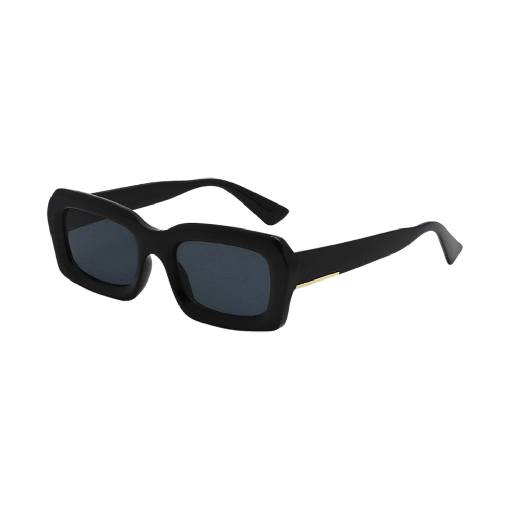 SUN59V3_main "A pair of sunglasses with a distinctive design. The sunglasses have a bold, black frame with a rectangular shape. The lenses are tinted blue, providing a contrast to the dark frame. The temples of the sunglasses are also black, matching the 