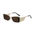 SUN59V4_main "A pair of stylish sunglasses with a modern design. The lenses are rectangular and tinted brown, providing a sleek and contemporary look. The frame appears to be rimless, with the lenses connected by a thin, metallic bridge. The temples are b