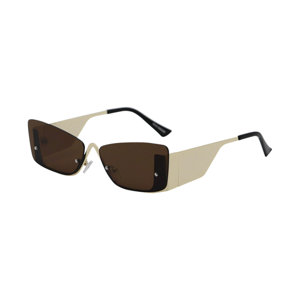SUN59V4_main "A pair of stylish sunglasses with a modern design. The lenses are rectangular and tinted brown, providing a sleek and contemporary look. The frame appears to be rimless, with the lenses connected by a thin, metallic bridge. The temples are b