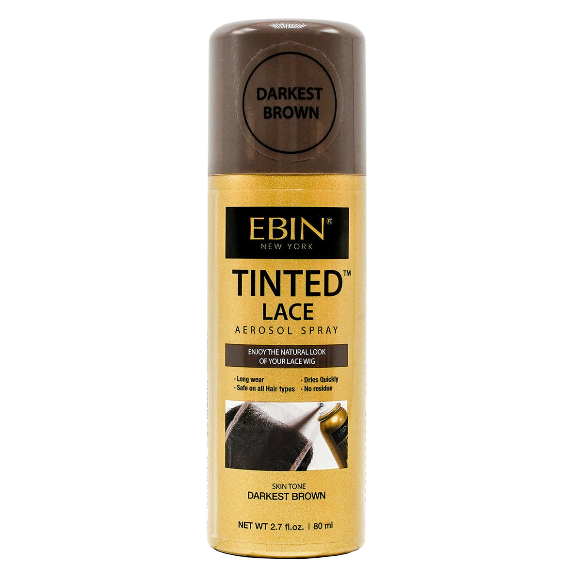 Ebin New York Tinted Lace Aerosol Spray - Darkest Brown 2.7 oz — official pack photo TLSDK80 (Shp_TLSDK80.jpg) from ebinnewyork.com