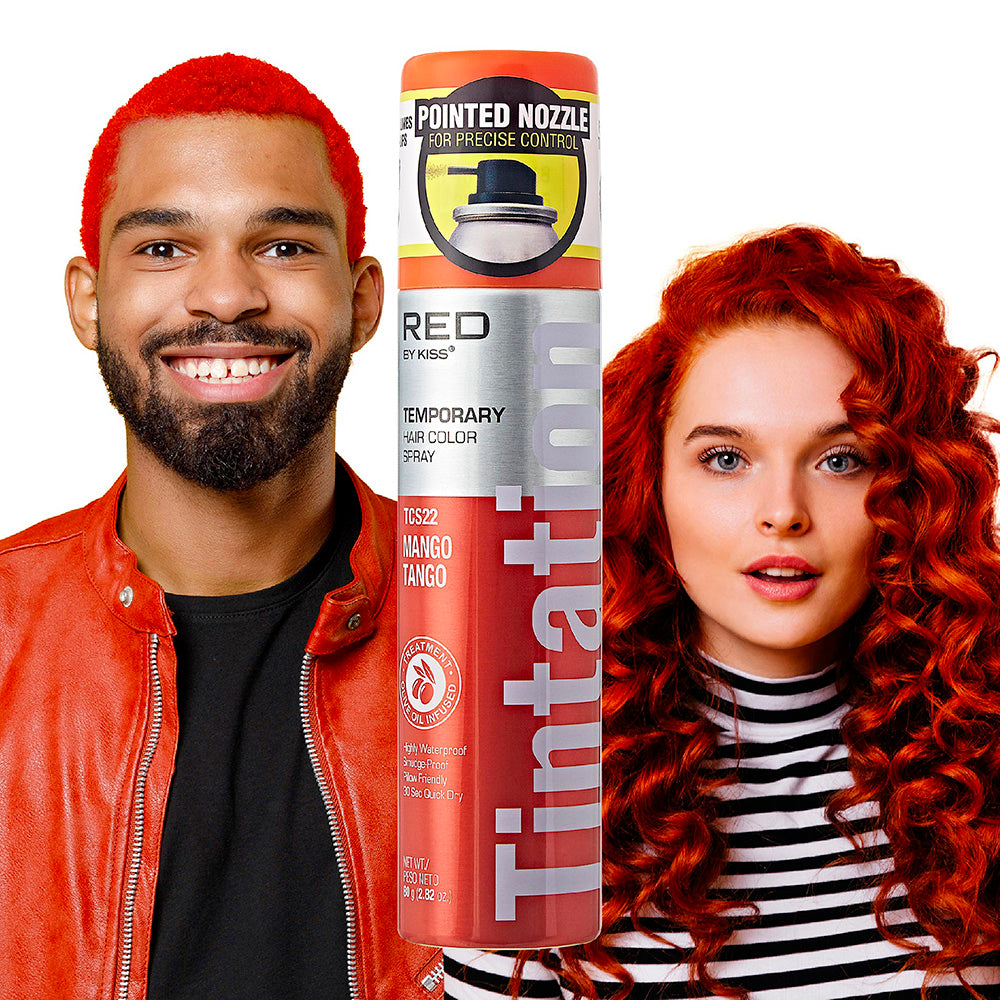 TCS22_main "A pack of six cans of "Tintation Color Spray" by the brand "RED by Kiss." The cans are arranged in two rows of three and are housed in a cardboard display box. The cans are primarily red with white and black text. The label on the cans indicat