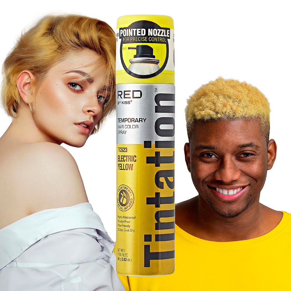 TCS23_main "A display box containing multiple cans of "Tintation Color Spray" by RED by Kiss. The cans are labeled with the color "Electric Yellow" and have a pointed nozzle for precise control. The product is described as a temporary hair color spray. Th