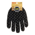 TWS09_main "A black glove designed for grooming pets. The glove has a textured surface with numerous raised bumps and holes, likely made of rubber or silicone, to help remove loose fur and dirt from a pet's coat. The wrist area of the glove is elastic and