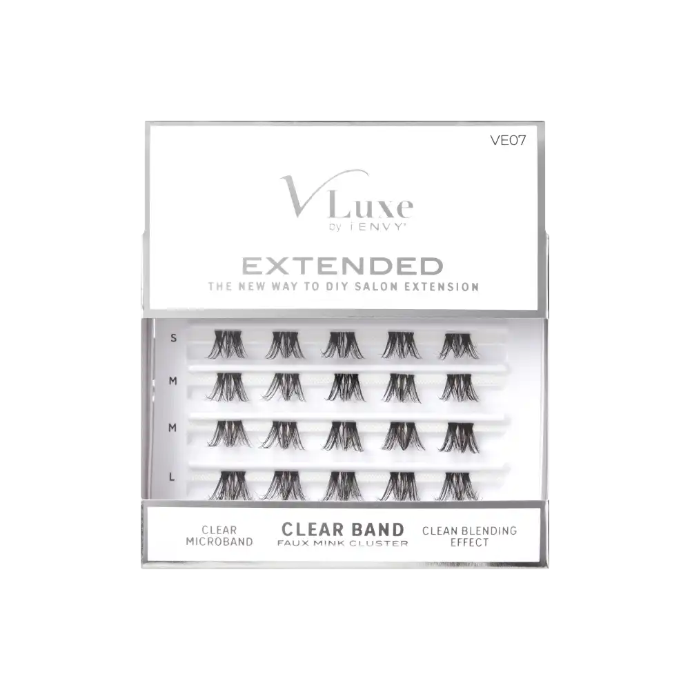 VLuxe By i•ENVY Extended Faux Mink Clear Band Cluster Lashes official pack