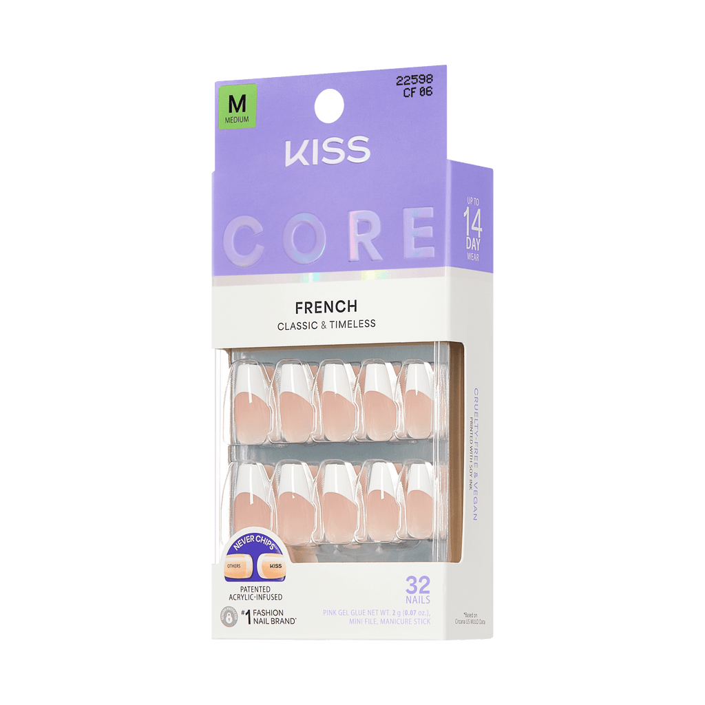 Kiss Core French Press On Fake Glue Nails - Reunion | French Tips, White, Medium, Coffin official pack
