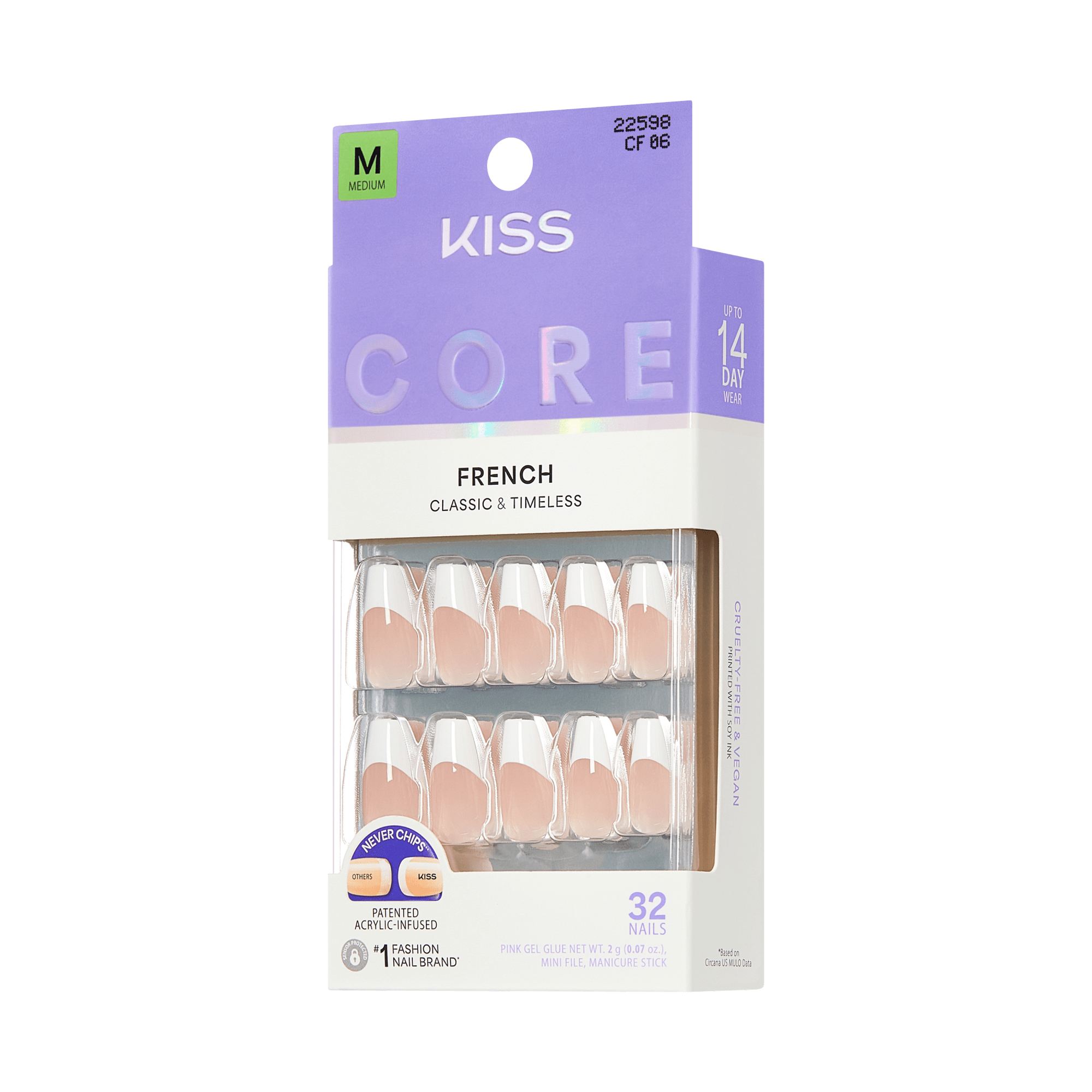 Kiss Core French Press On Fake Glue Nails - Reunion | French Tips, White, Medium, Coffin official pack