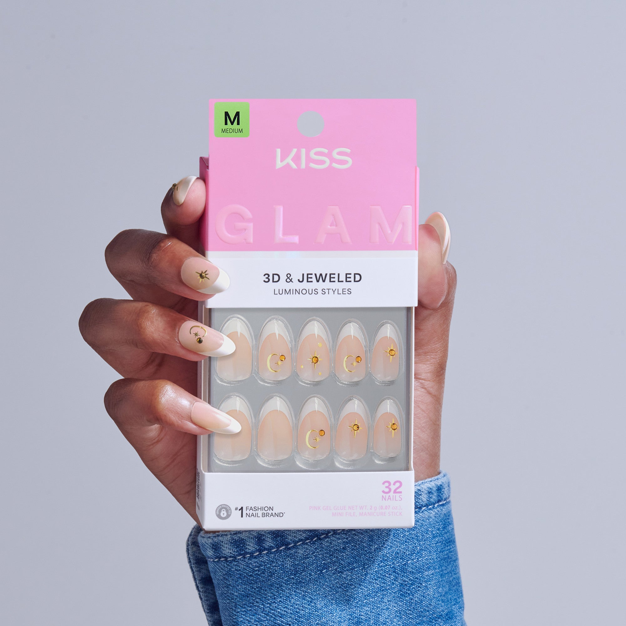 Kiss Glam 3D & Jewel Press On Fake Glue Nails  - Zephyr | 3D & Jewel French Design, White & Gold, Medium, Almond official pack