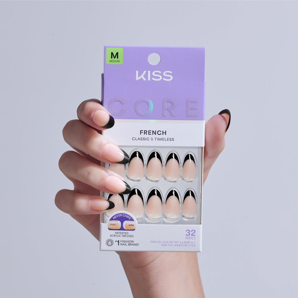Kiss Core French Press On Fake Glue Nails - Full of Fun | French Tips, Black, Medium, Almond official pack