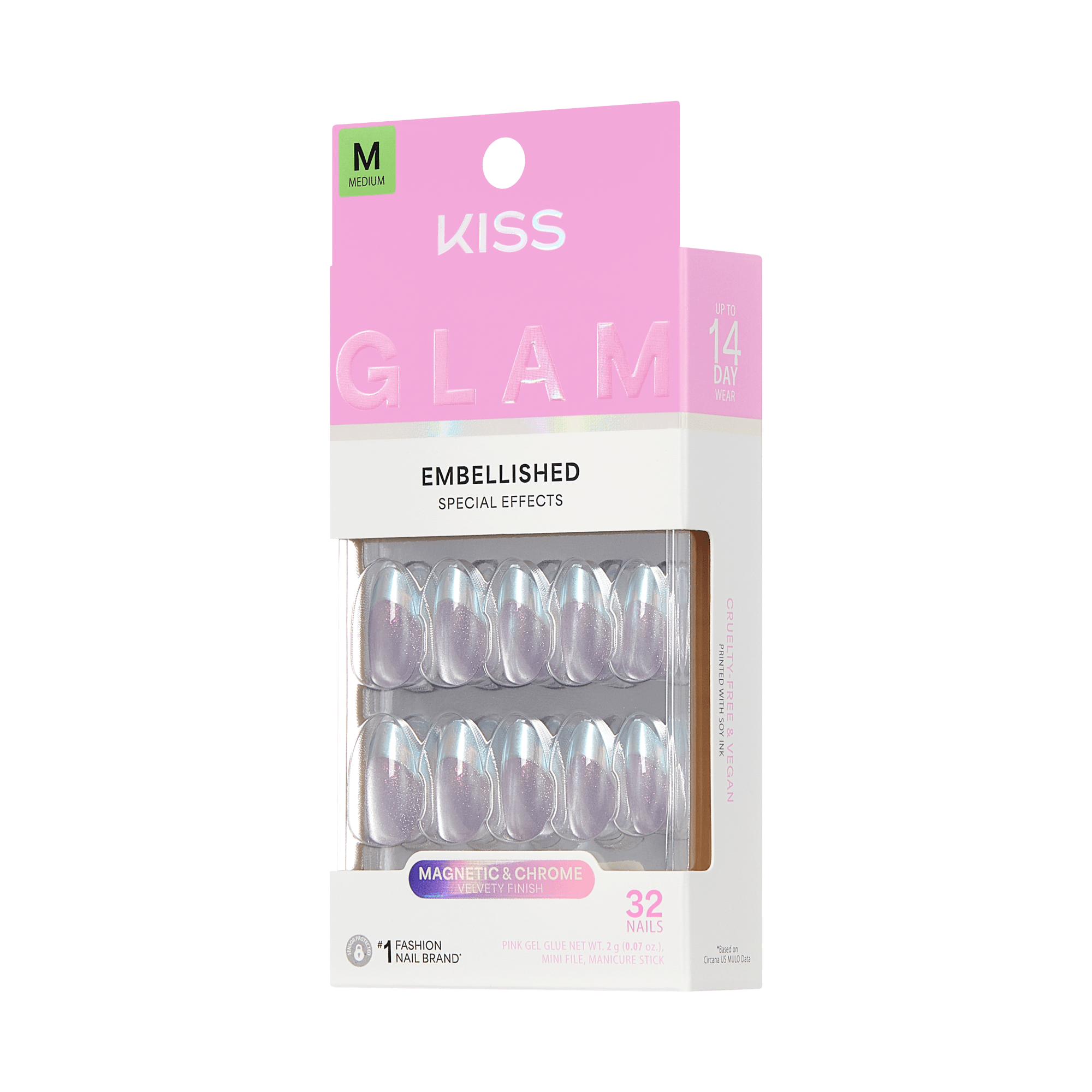 Kiss Glam Embellished Press On Fake Glue Nails - Fairy Tale | Design, Metallic Pink, Medium, Almond official pack