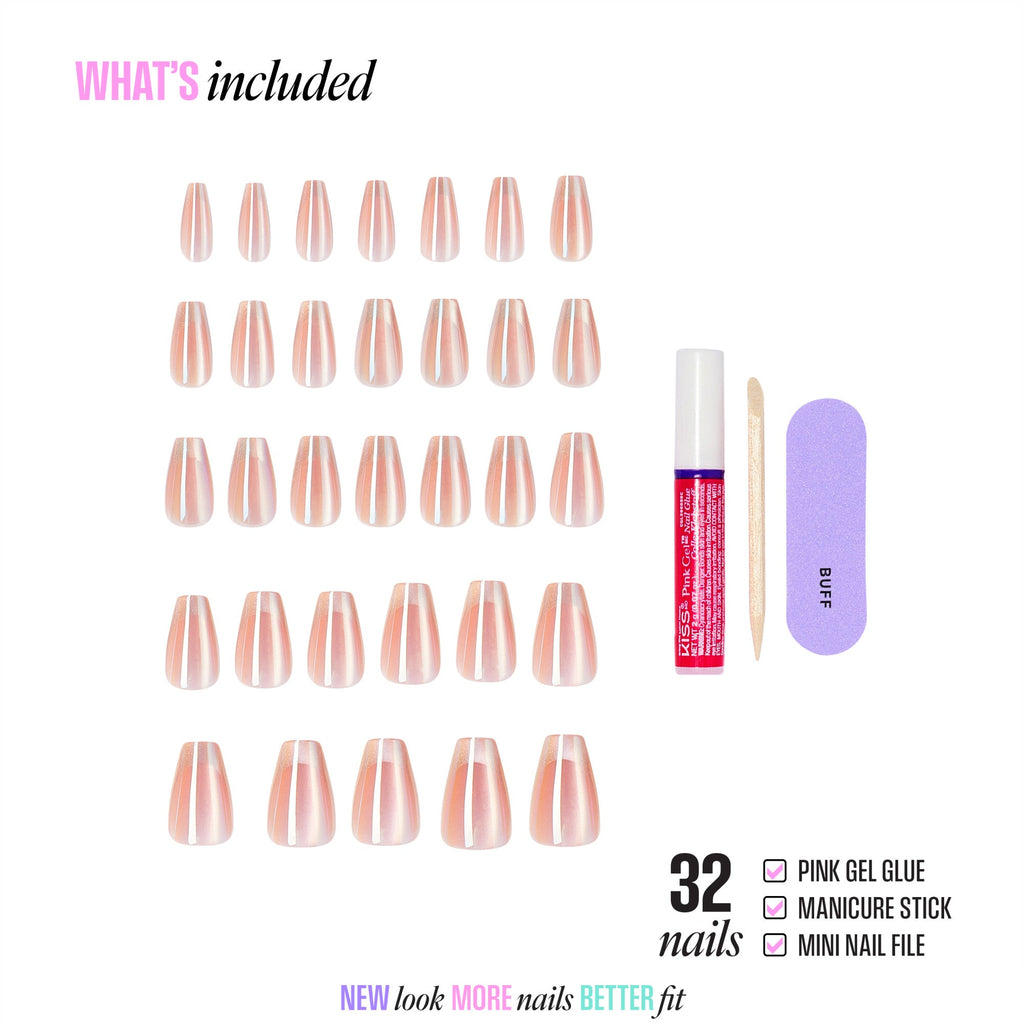 Kiss Glam Embellished Press On Fake Glue Nails - Dusk Mirage | Design, Beige, Medium, Coffin official pack