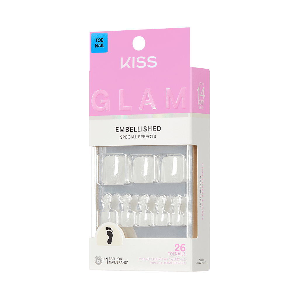 Kiss Glam Press On Fake Glue Toenails - Twinkle Toes | Solid, White, Short, Squoval, Pedicure official pack