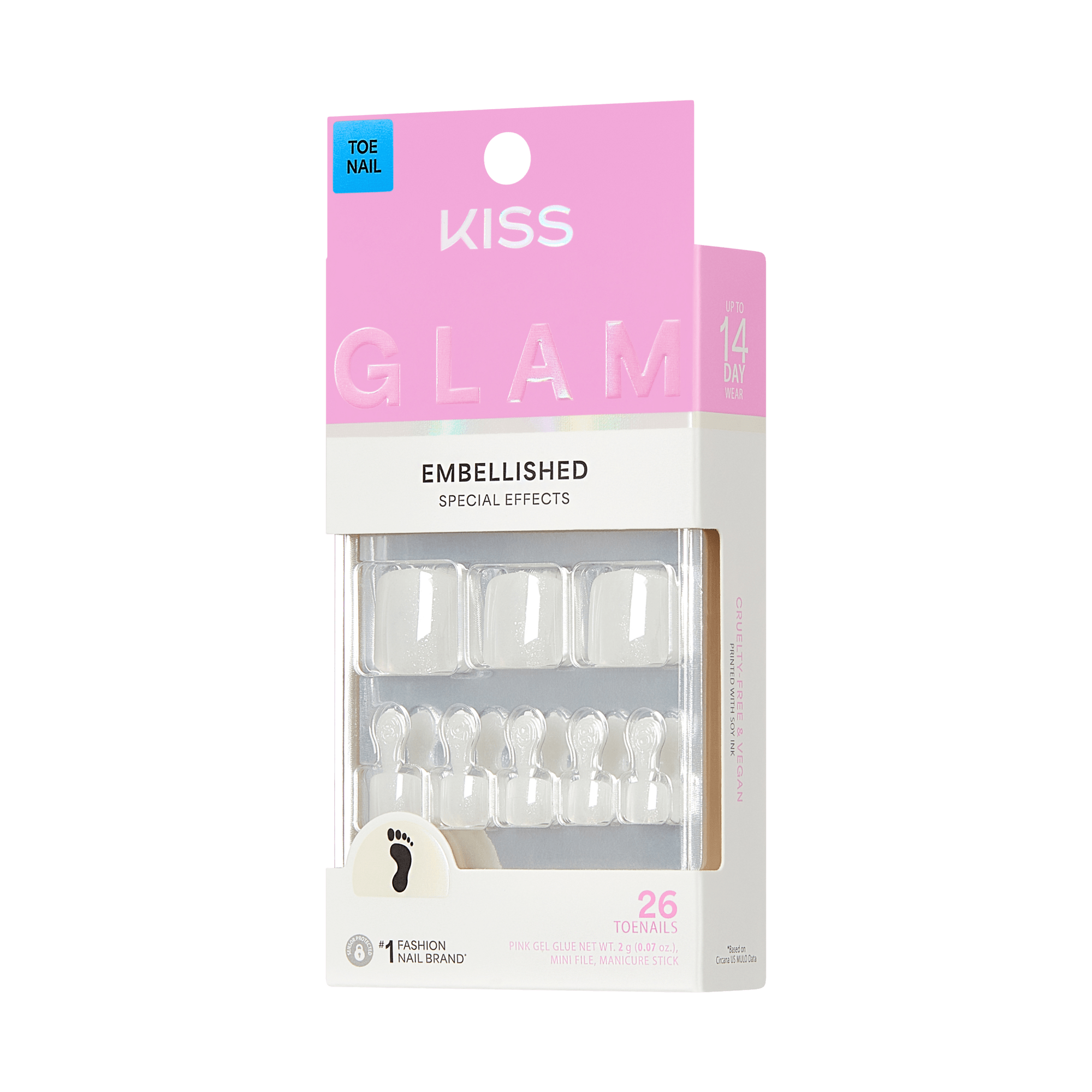 Kiss Glam Press On Fake Glue Toenails - Twinkle Toes | Solid, White, Short, Squoval, Pedicure official pack