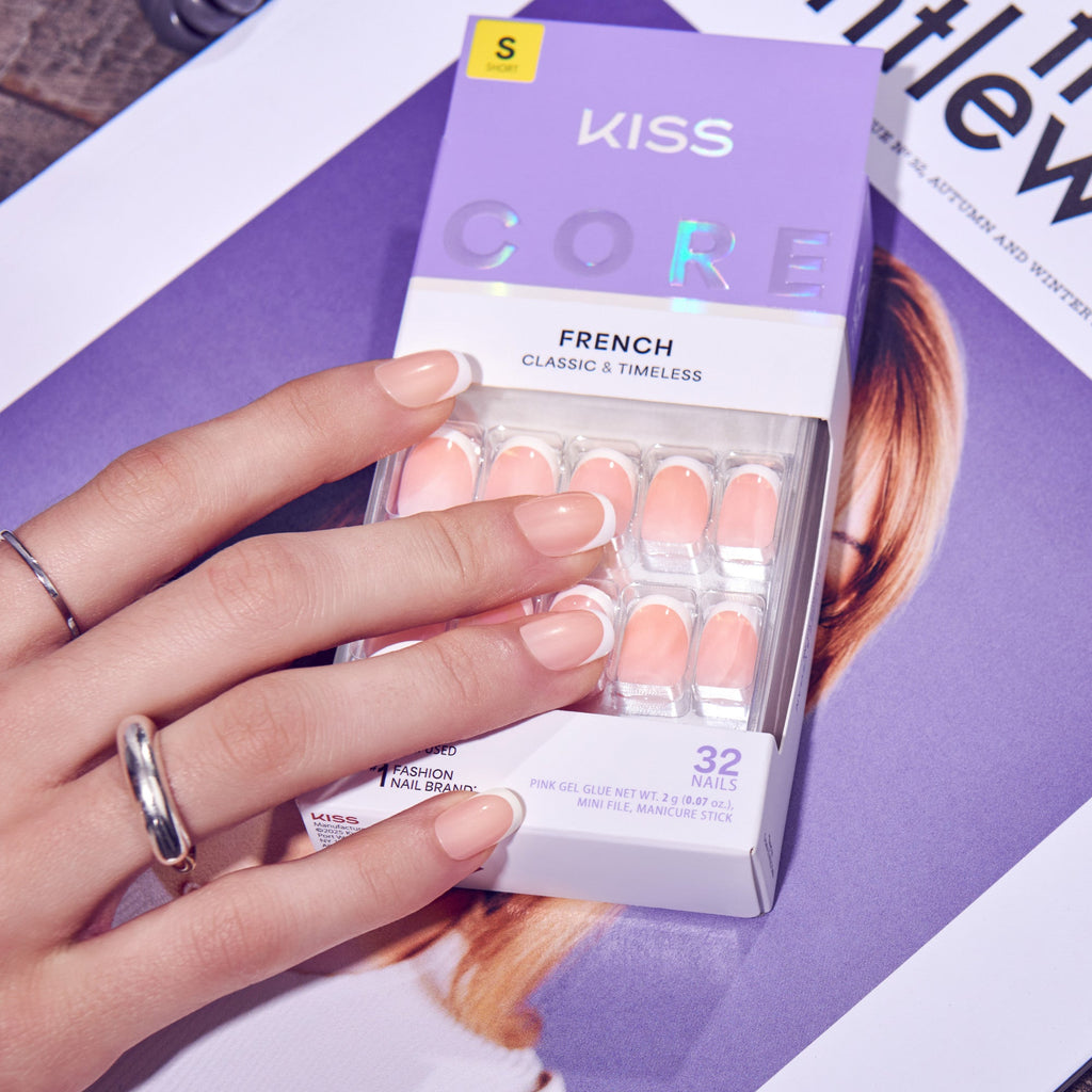 Kiss Core French Press On Fake Glue Nails - Snapshot | French Tips, White, Short, Squoval official pack