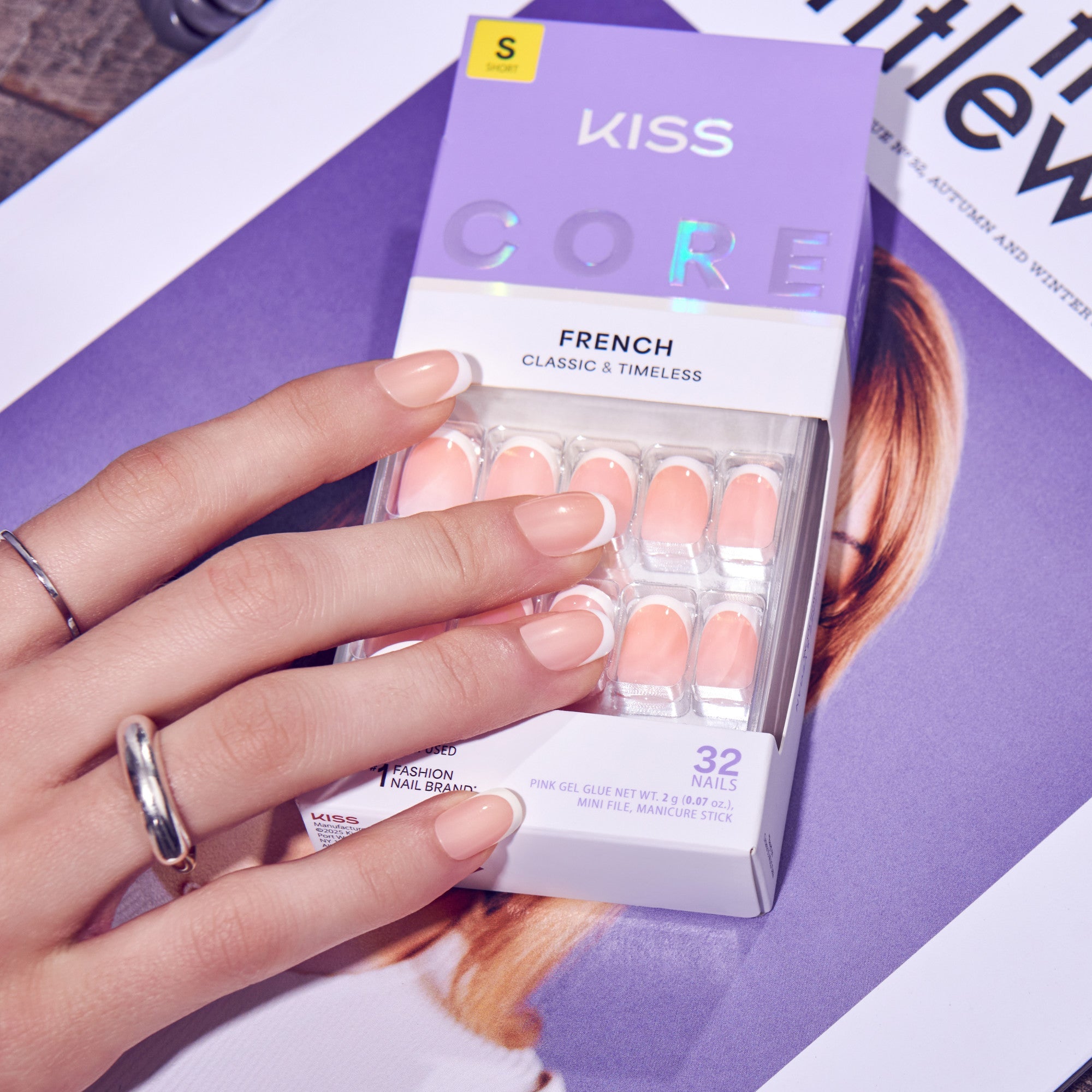 Kiss Core French Press On Fake Glue Nails - Snapshot | French Tips, White, Short, Squoval official pack