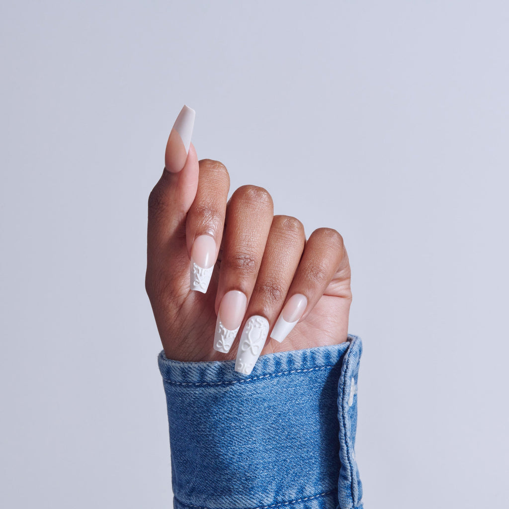 Kiss Glam 3D & Jewel Press On Fake Glue Nails  - Breath of Harmony | French, White, Long, Coffin official pack