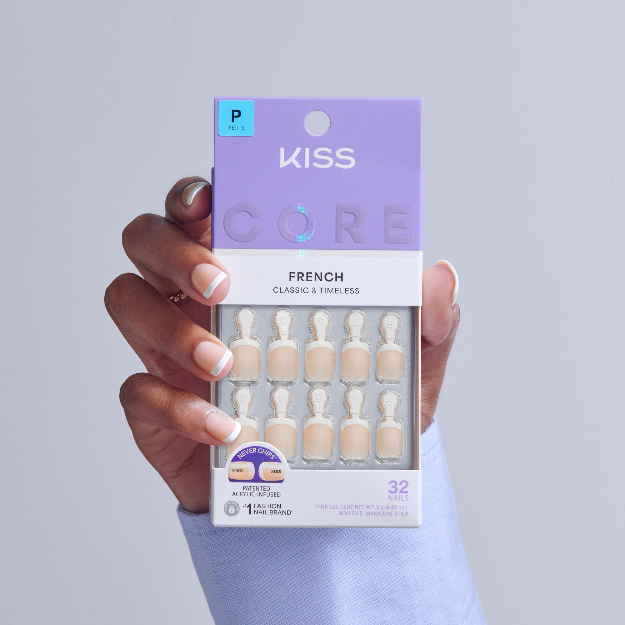 Kiss Core French Press On Fake Glue Nails - Perfection | French Tips, White, Petite, Squoval official pack