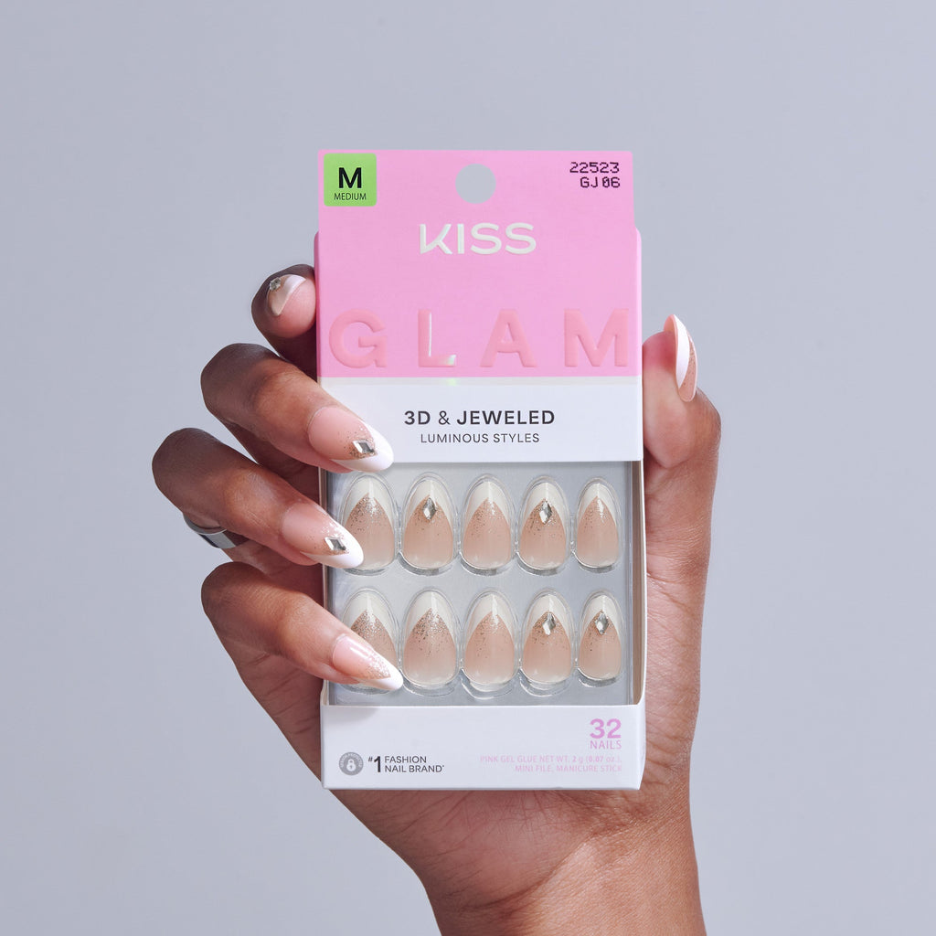 Kiss Glam 3D & Jewel Press On Fake Glue Nails  - Applause | 3D & Jewel French Design, White, Medium, Almond official pack
