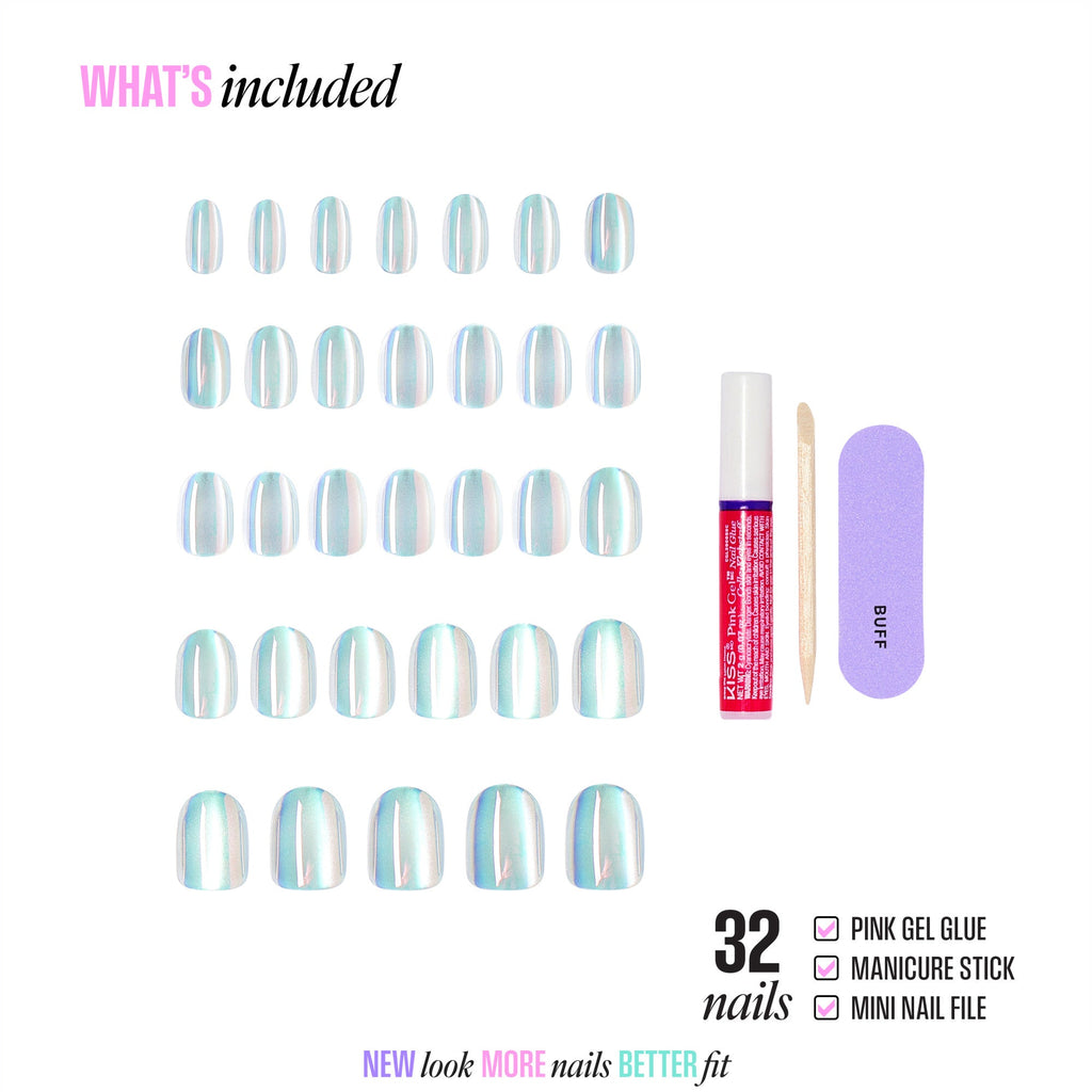 Kiss Glam Embellished Press On Fake Glue Nails - Celestique | Design, Blue, Short, Round official pack