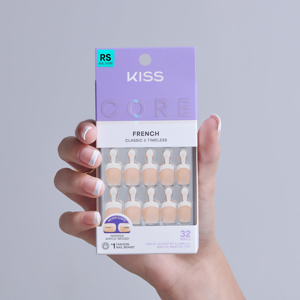 Kiss Core French Press On Fake Glue Nails - If You Dare | French Tips, White, Real Short, Squoval official pack