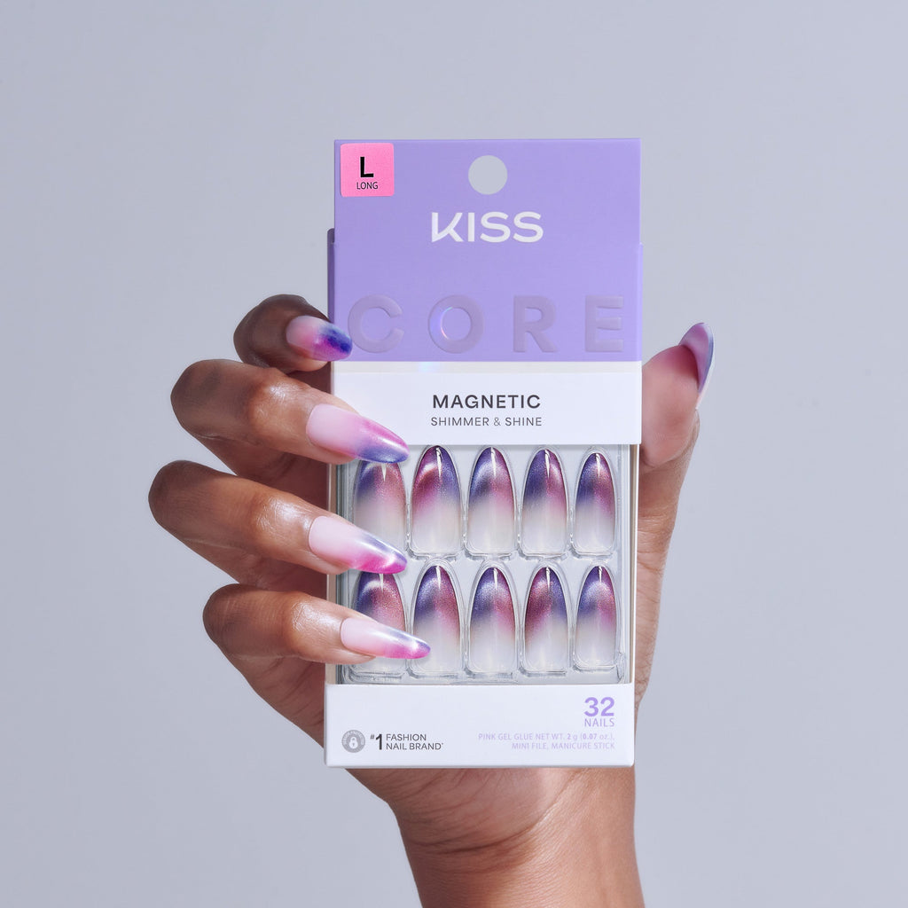 Kiss Core Magnetic Press On Fake Glue Nails - Twinkling Stars | French Magnetic, Purple, Long, Almond official pack