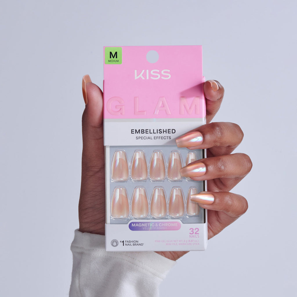 Kiss Glam Embellished Press On Fake Glue Nails - Dusk Mirage | Design, Beige, Medium, Coffin official pack