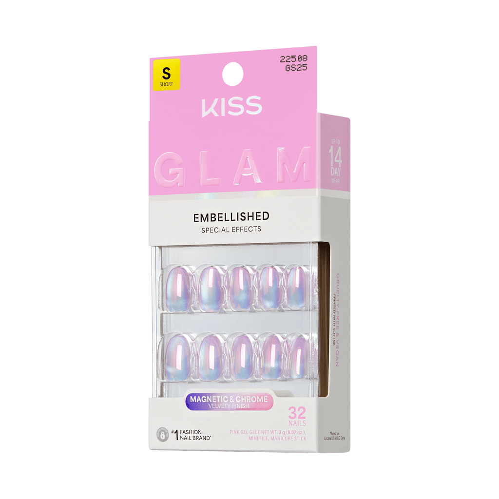Kiss Glam Embellished Press On Fake Glue Nails - One n Only | Design, Pink & Purple, Short, Round official pack