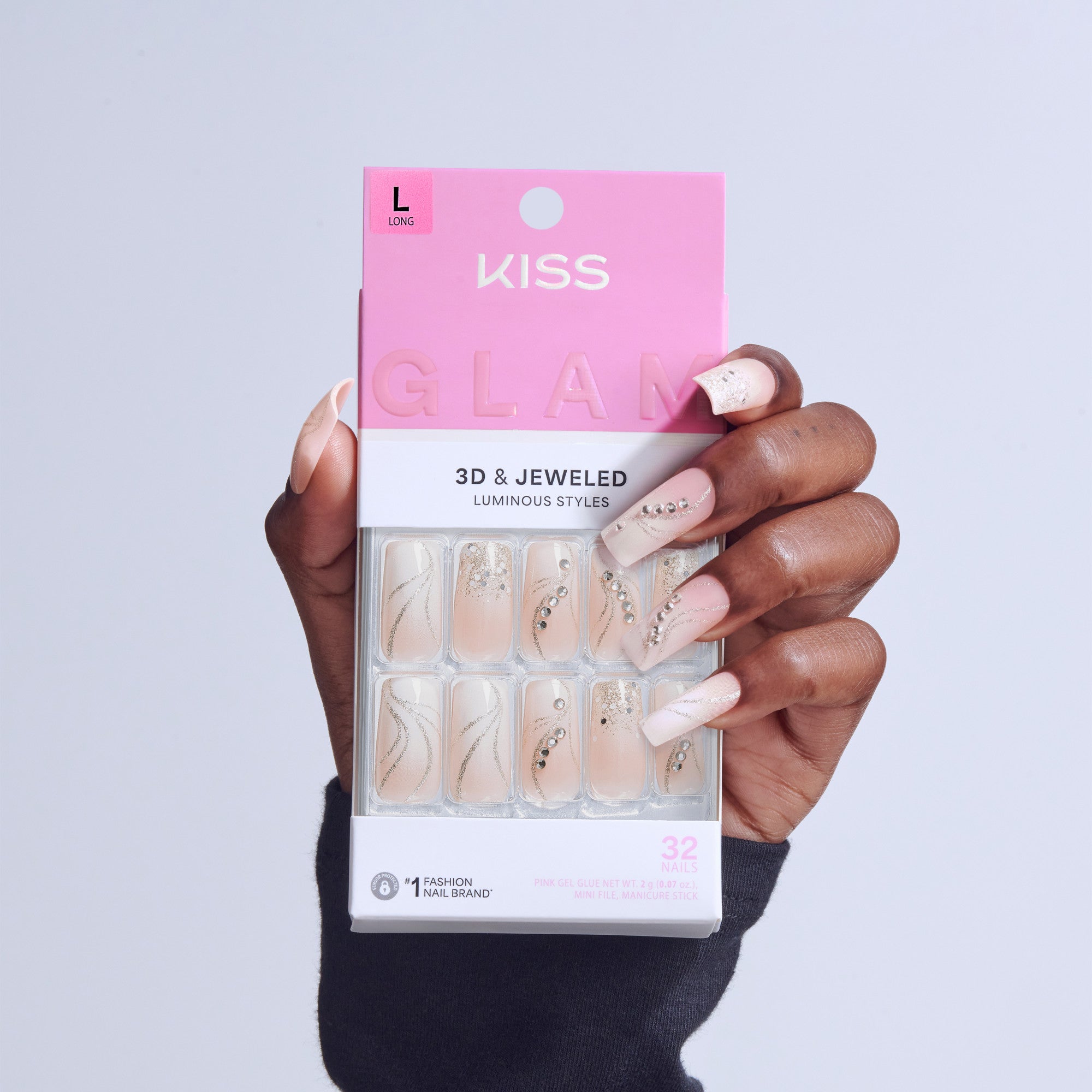 Kiss Glam 3D & Jewel Press On Fake Glue Nails  - Wrapped in Beauty | 3D & Jewel French Design, White, Long, Square official pack