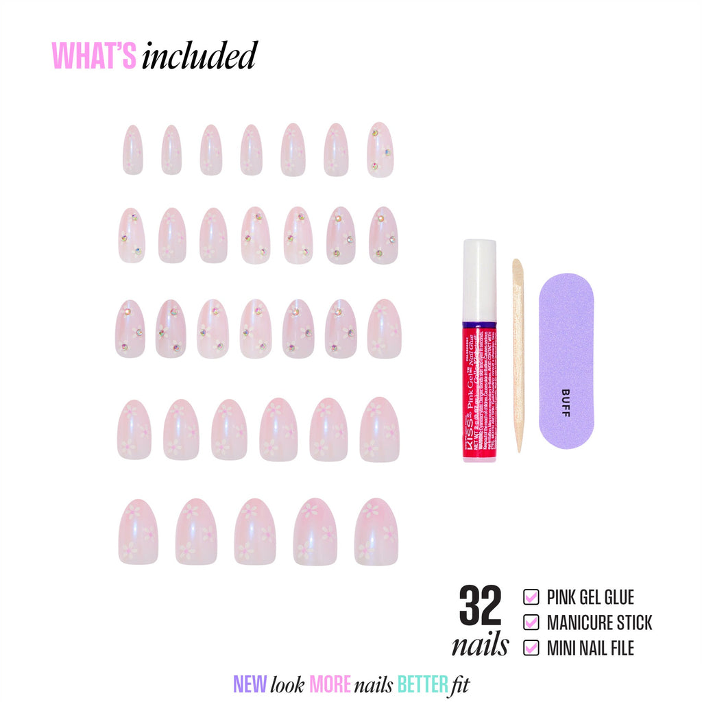 Kiss Glam 3D & Jewel Press On Fake Glue Nails  - Breeze of Bliss | Design, Pink, Medium, Almond official pack