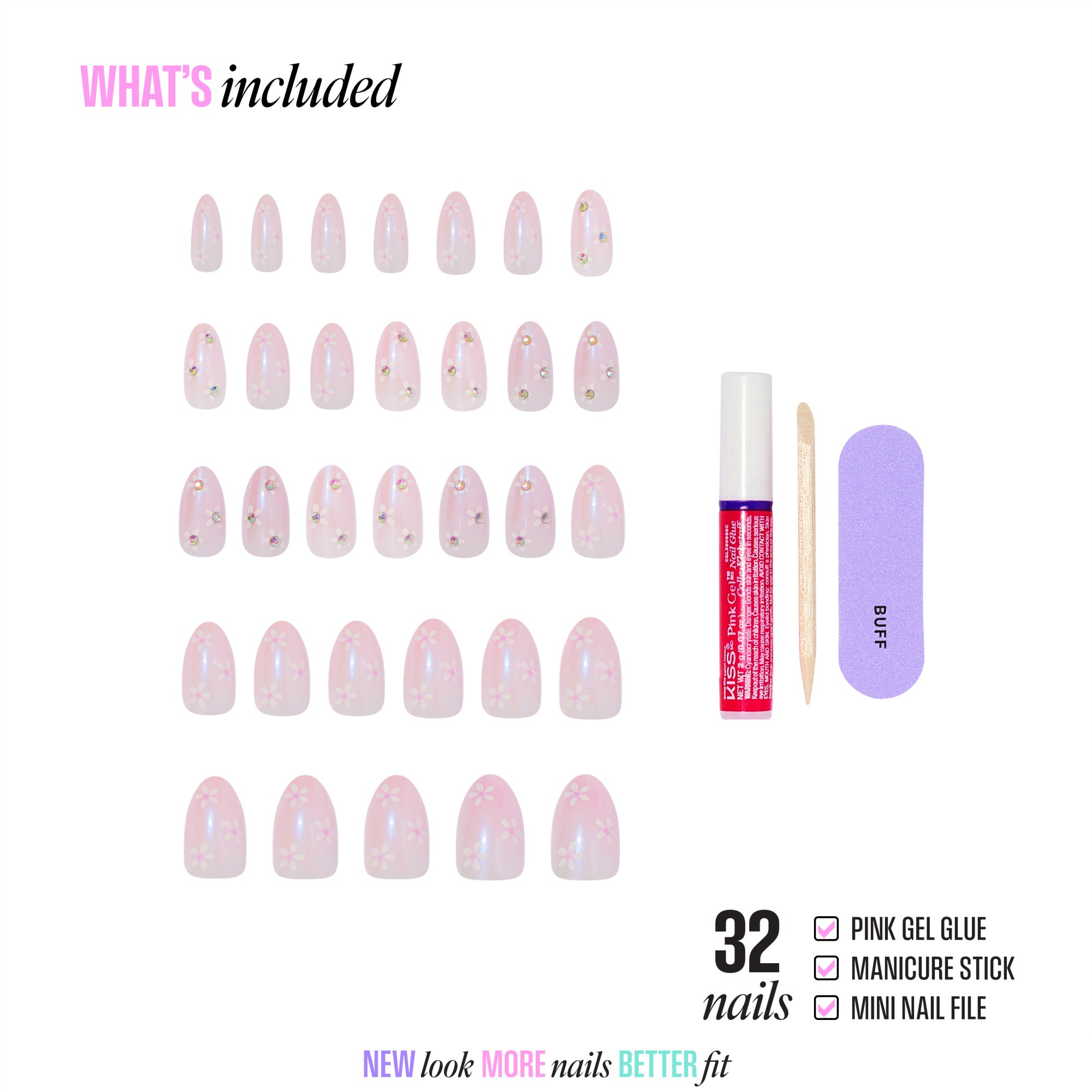 Kiss Glam 3D & Jewel Press On Fake Glue Nails  - Breeze of Bliss | Design, Pink, Medium, Almond official pack