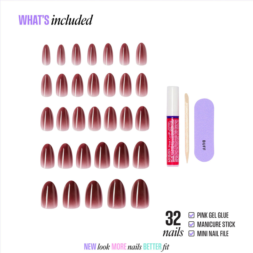 Kiss Core Color Press On Fake Glue Nails - Pinot Noir | Solid, Red & Brown, Medium, Almond official pack