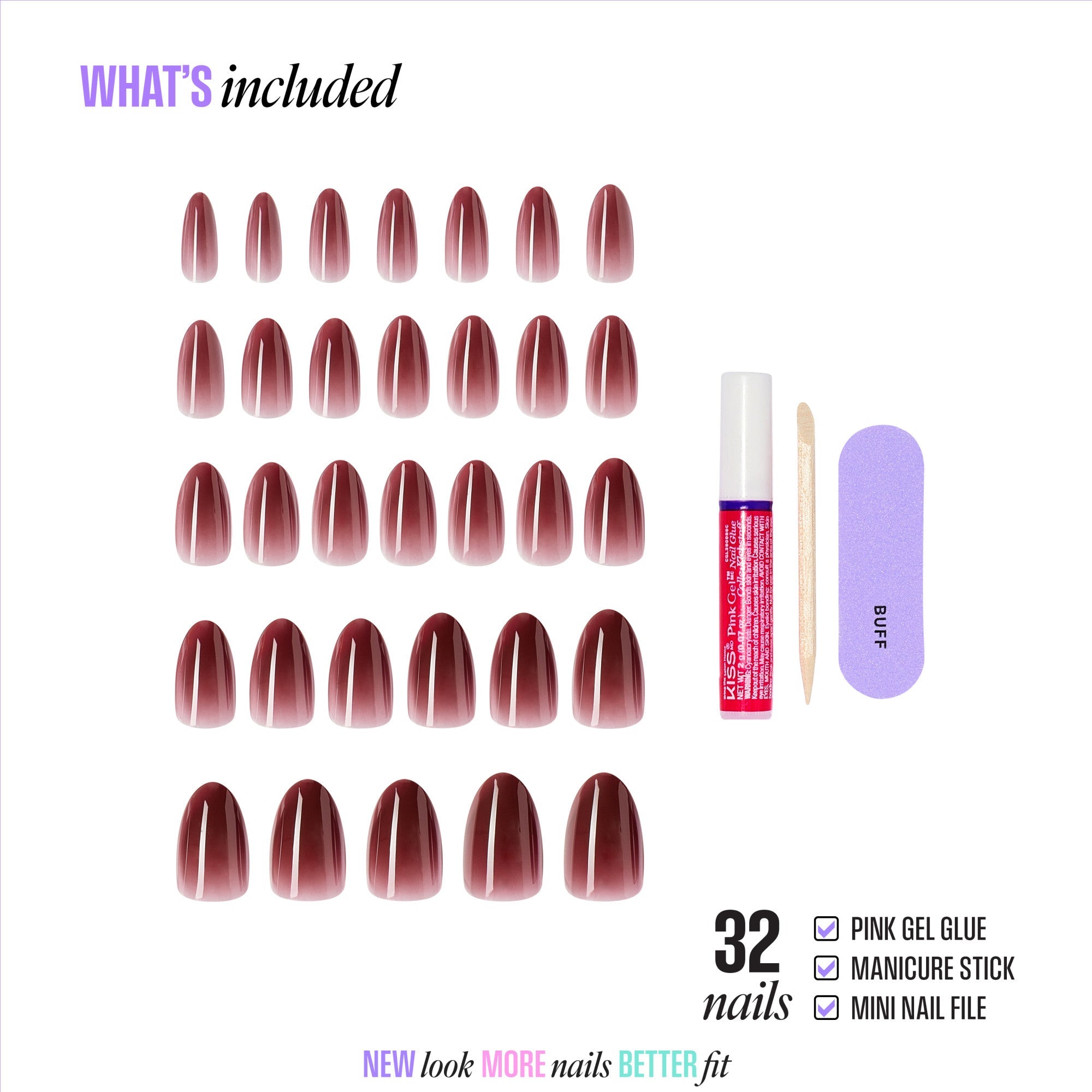 Kiss Core Color Press On Fake Glue Nails - Pinot Noir | Solid, Red & Brown, Medium, Almond official pack